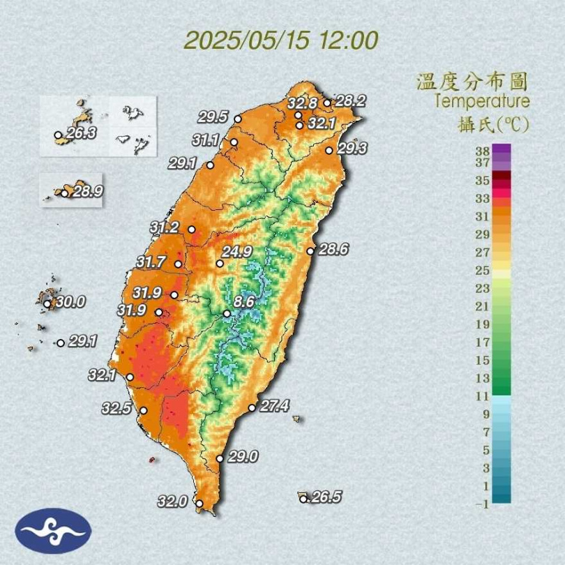 各地白天普遍為30至34度的溫暖偏熱型態。（圖／翻攝自氣象署）