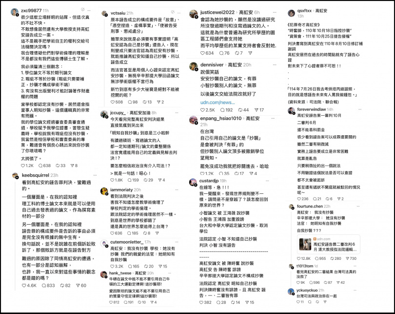 網友一面倒炸鍋抨擊我國司法公正性、力挺高虹安。（圖／翻攝自Threads）