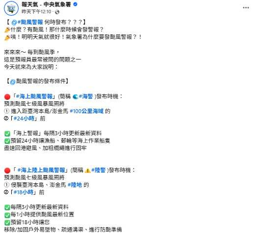 氣象署指出,颱風警報發布時颱風往往仍遠離台灣,但提前行動可避免臨時措手不及,確保防颱工作落實。(圖/翻攝自臉書)