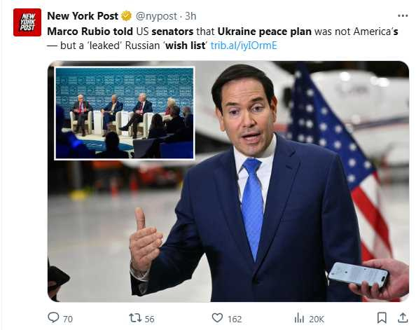 盧比歐先稱方案為俄方清單，後改口強調為美方草擬，引發關注。（圖／翻攝自X，New York Post）