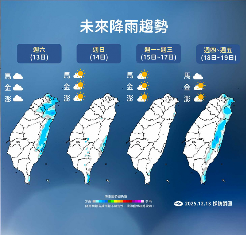 週末天氣乾冷,中南部白天仍有20度以上高溫,日夜溫差大。(圖/氣象署提供)