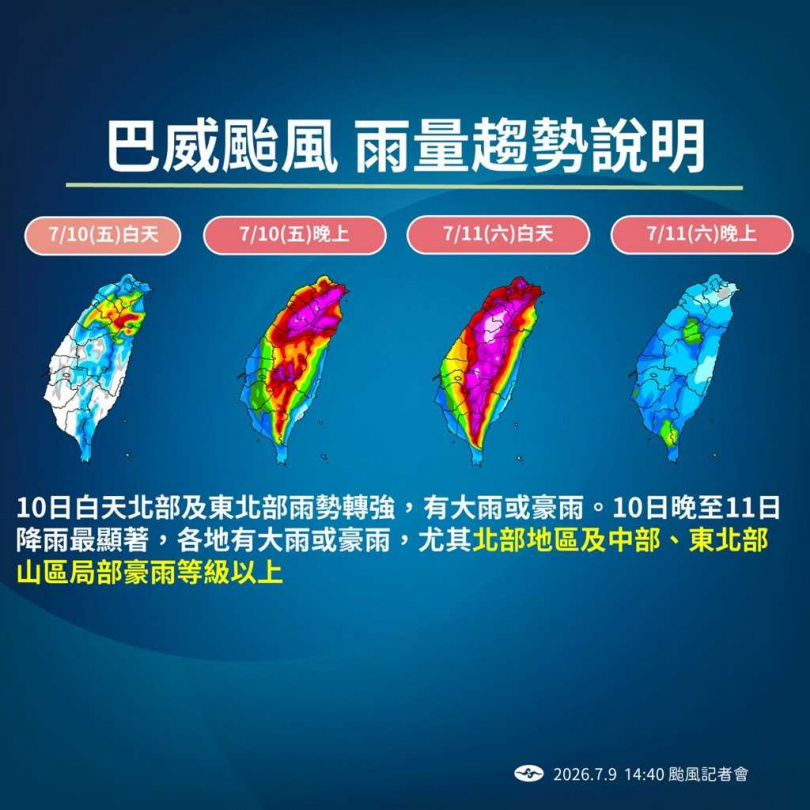 強颱巴威持續朝台灣逼近,氣象署已發布海上颱風警報,預估10日晚間至11日白天風雨影響最為明顯。(圖/氣象署提供)