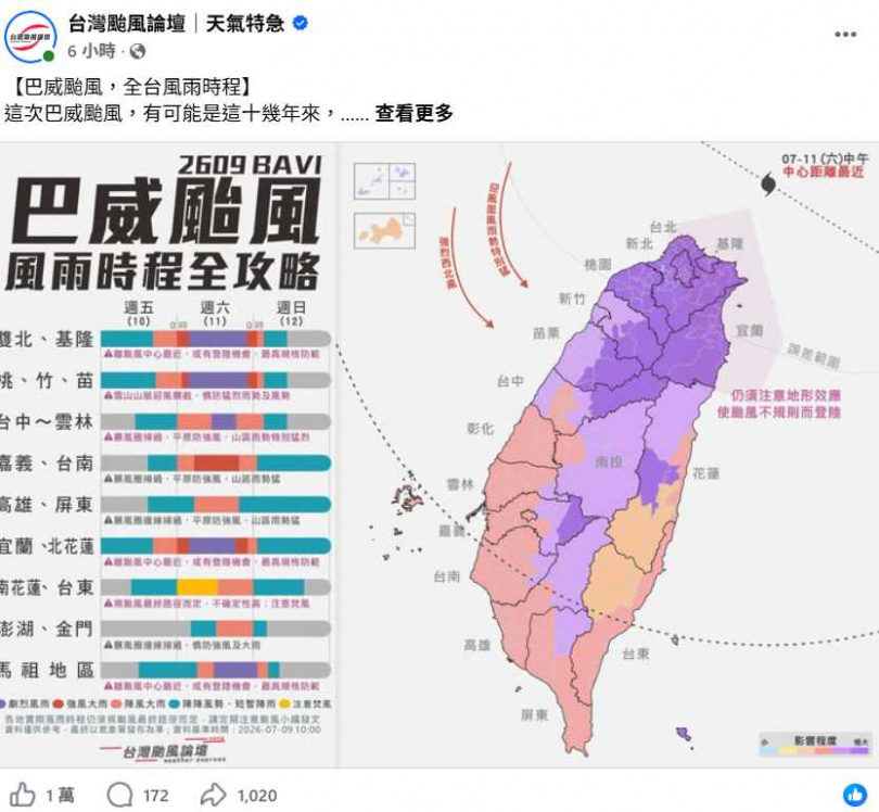 隨著巴威逼近,全台風雨逐步增強,部分地區恐出現豪雨以上等級降雨。(圖/翻攝自臉書,台灣颱風論壇|天氣特急)