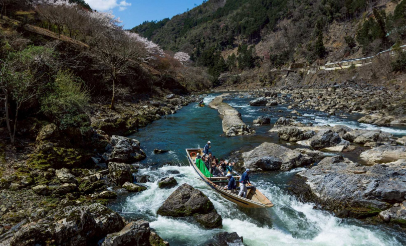 遊客可以搭乘嵯峨野觀光小火車前往龜岡,再轉乘付費接駁巴士前往保津川遊船乘船點。(圖/京都府觀光聯盟提供)