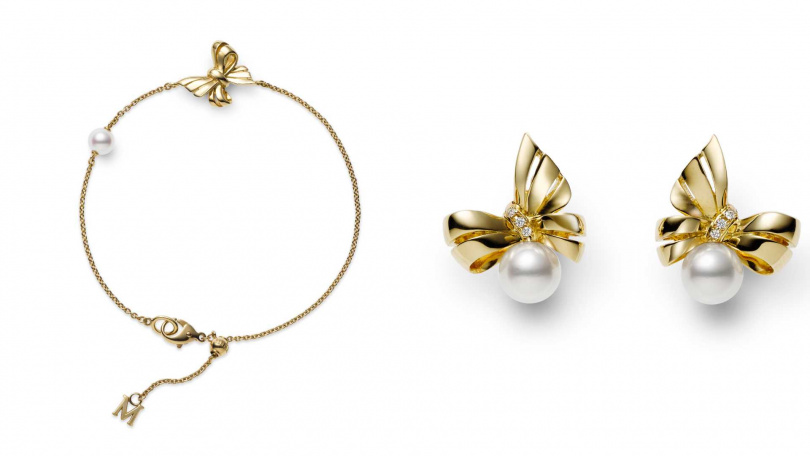 MIKIMOTO Jeux de Rubans 18K黃金珍珠手鍊、18K黃金珍珠針式耳環（圖／品牌提供）