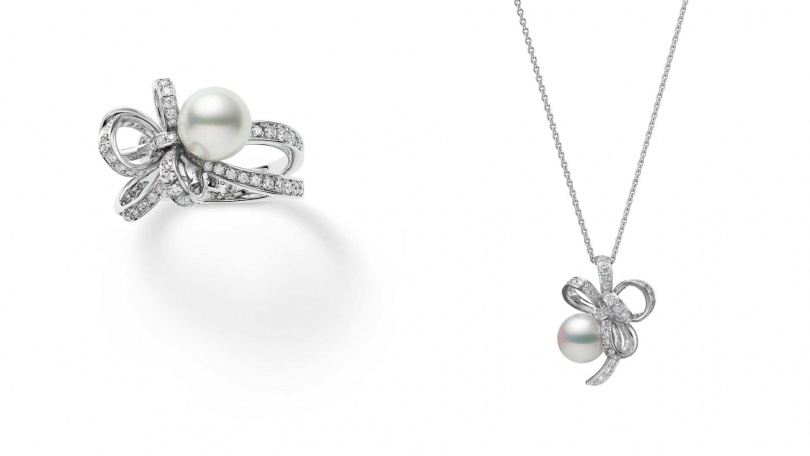 MIKIMOTO Jeux de Rubans白金鑽石戒指、白金鑽石墜鍊（圖／品牌提供）