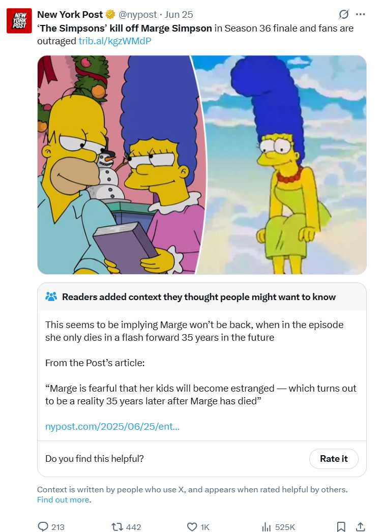 美枝在第36季快閃未來劇情中去世，並在天堂與林哥史達爾再婚。（圖／翻攝自X）