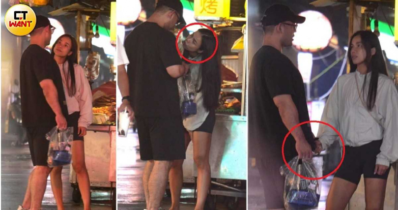 在燒烤攤前等待外帶，林芯儀突然對著KK撒嬌，甚至嘟嘴索吻。雖然男方回應不若女方熱情，但仍牽起林芯儀的手，曖昧氛圍爆棚。（圖／本刊攝影組）