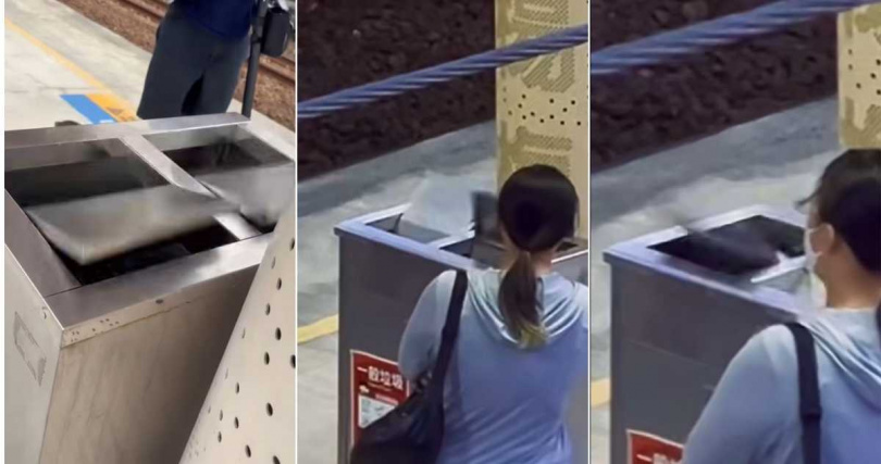 網友發現桃園楊梅車站的垃圾桶，被強風吹到轉不停。（圖／翻攝自「爆料公社公開版」臉書）