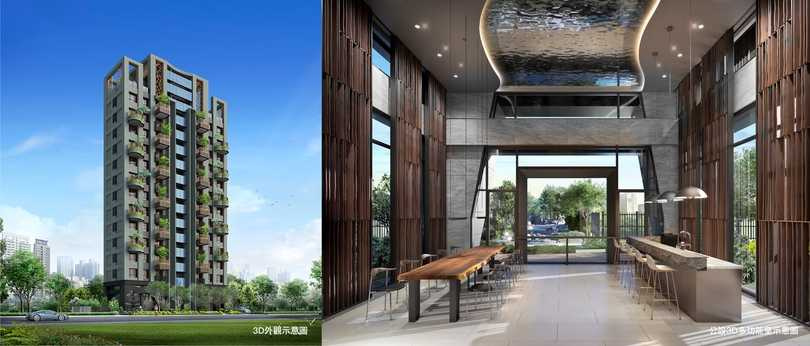 一品院建築外觀及多功能室3D示意圖。(圖/永豐盛建設提供)