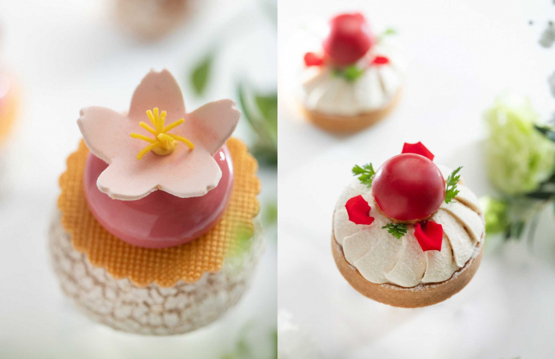 「春櫻戀歌」小蛋糕（左，305元）以粉嫩櫻花細膩雕琢春日景致，「玫瑰拿鐵聖多諾」小蛋糕宛若啜飲玫瑰拿鐵的絲滑香醇。（295元，圖／台北文華東方酒店提供）