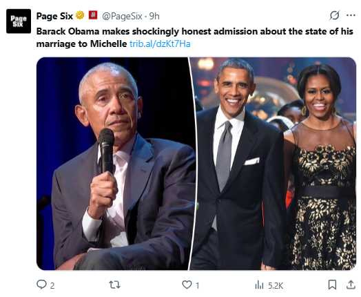 歐巴馬近日坦言和妻子關係不好，一直在努力修補彼此的關係。（圖／翻攝自X）