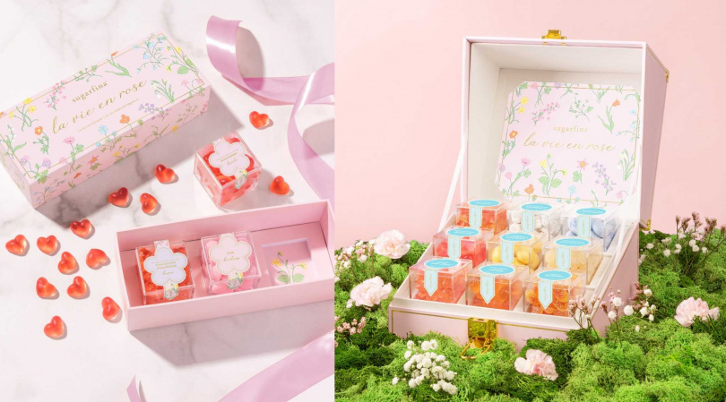 「玫瑰人生」系列糖果禮盒（左，1,790元／3入組）、「玫瑰人生」系列粉色迷你提箱禮盒。（6,980元／9入裝，圖／ Sugarfina 提供）