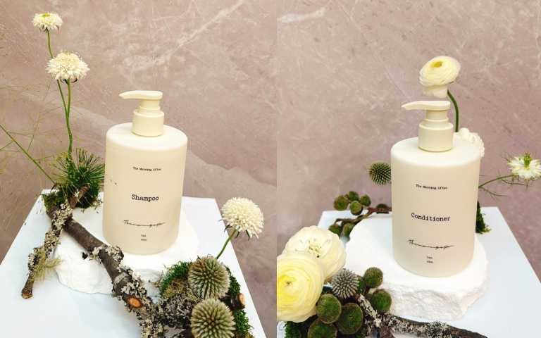 添加核心修護成分與角鯊烷，深層補水鎖水，洗完後髮絲柔順不乾澀。THE MORNING AFTER 荒杉木保濕修護洗髮精 500ml / 1,580元；滋潤髮絲、改善毛躁，維持彈性與柔亮感，適合日常高頻率使用。THE MORNING AFTER 荒杉木保濕修護護髮素 500ml / 1,580元（圖／黃筱婷攝）