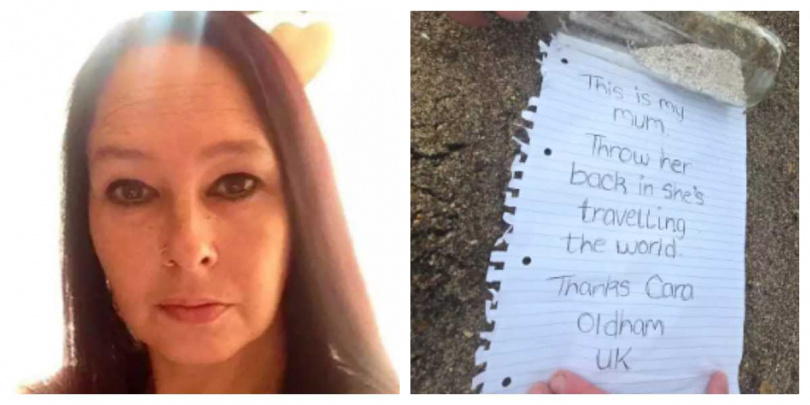 英國女兒為圓母夢，將骨灰放入漂流瓶投入大海，瓶中「一句話」感動全球網友，紛紛淚喊：媽媽出發了！（圖／翻攝自臉書）