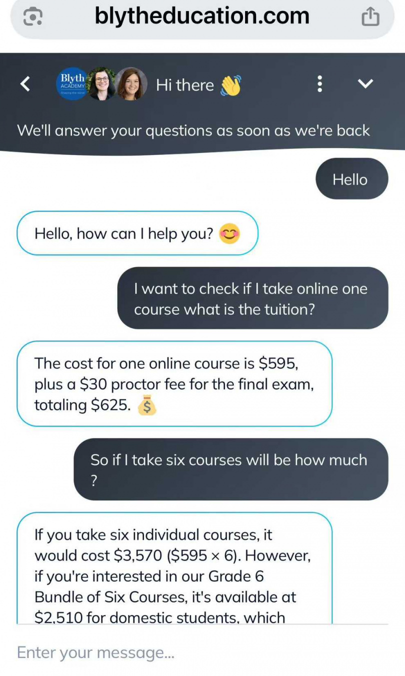 仔仔實際詢問加拿大布萊斯學院6門線上課的價格僅需10萬元，但台灣布萊斯學院收費卻高達47萬元。（圖／投訴人提供）