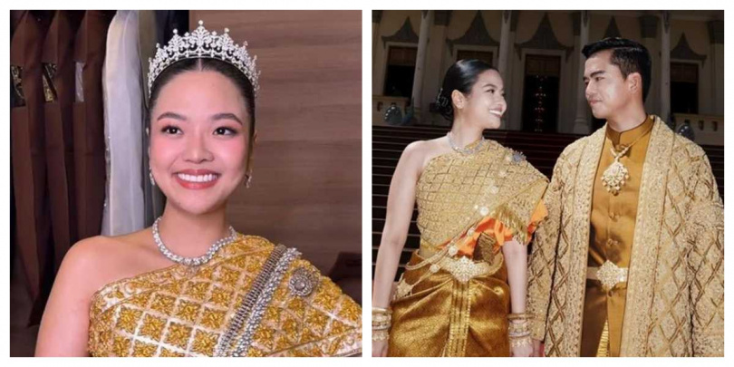 蓬索莉雅公主與謝夫川英在婚禮主儀式上身穿柬式傳統禮服，展現高棉文化風采。