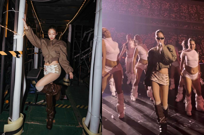 Jennie 東京演唱會 穿著 STAND OIL Trinity Slouch Boots 栗色靴款 （圖／品牌提供）