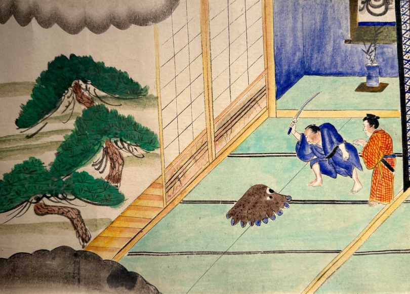 明治時代描繪稻生平太郎經歷的各種離奇事件的百物語繪卷。(圖/吳德亮攝影)