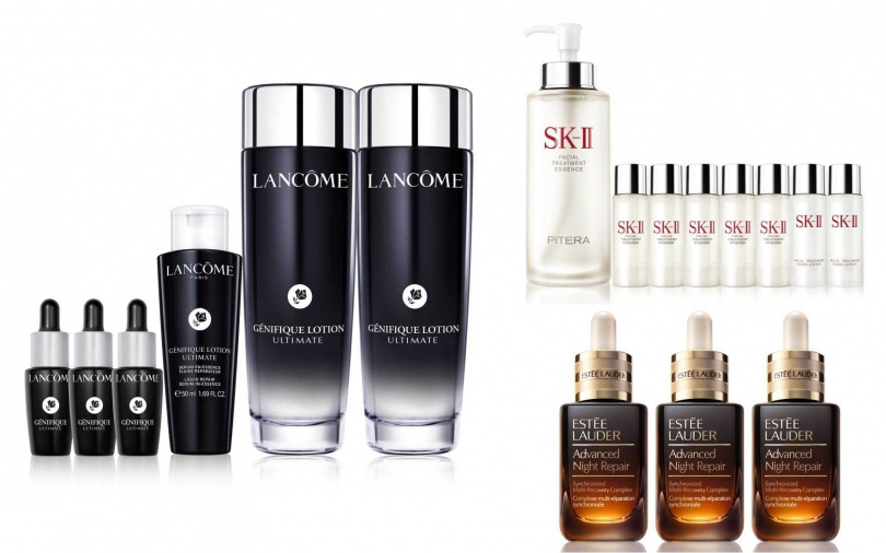 LANCOME小黑水雙重組/特價4,500元(價值8,038元)、SK-II超限量青春加大增量組/特價8,091元(價值15,904元)、ESTEE LAUDER小棕修護鐵粉組/特價8,091元(價值15,904元)(圖/業者提供)