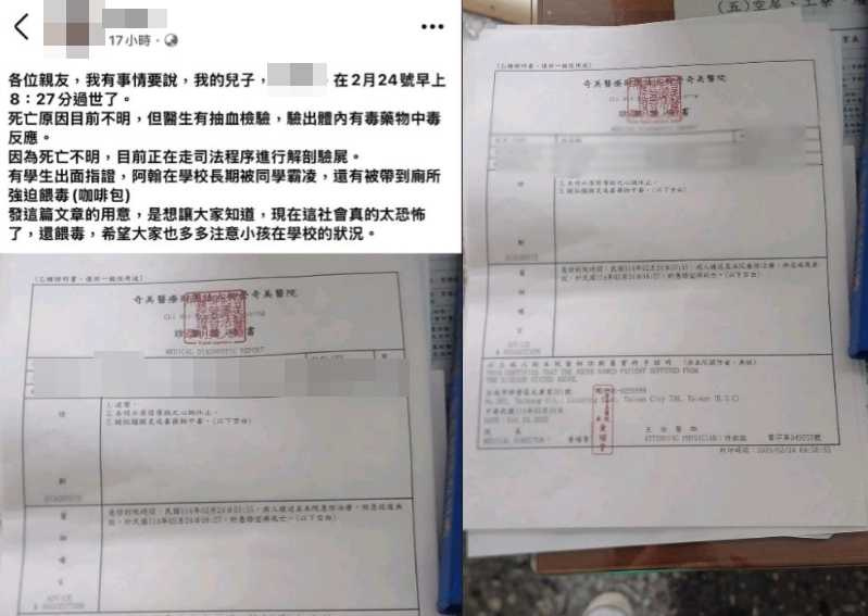 該名母親上傳診斷證明書，她的兒子在搶救期間發生痙攣、心跳不明原因休止情況，疑似腦膜炎或毒藥物中毒。（圖／翻攝自臉書／爆料公社公開版）