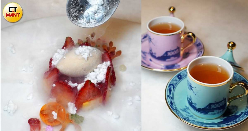 甜點「椰雪|起司」(左)以芝麻冰淇淋、生起司蛋糕與撒上的椰子冰沙分別代表中、西、東南亞三個地域的特色,可搭配麥茶一同享用。(圖/魏妤靜攝)