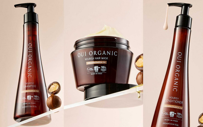 OUI ORGANIC義大利堅果OMEGA系列包含堅果OMEGA柔順洗髮精、堅果OMEGA柔順護髮膜、堅果OMEGA柔順潤髮乳，透過有機養髮三步驟，全面提升秀髮健康與質感。（圖／品牌提供）