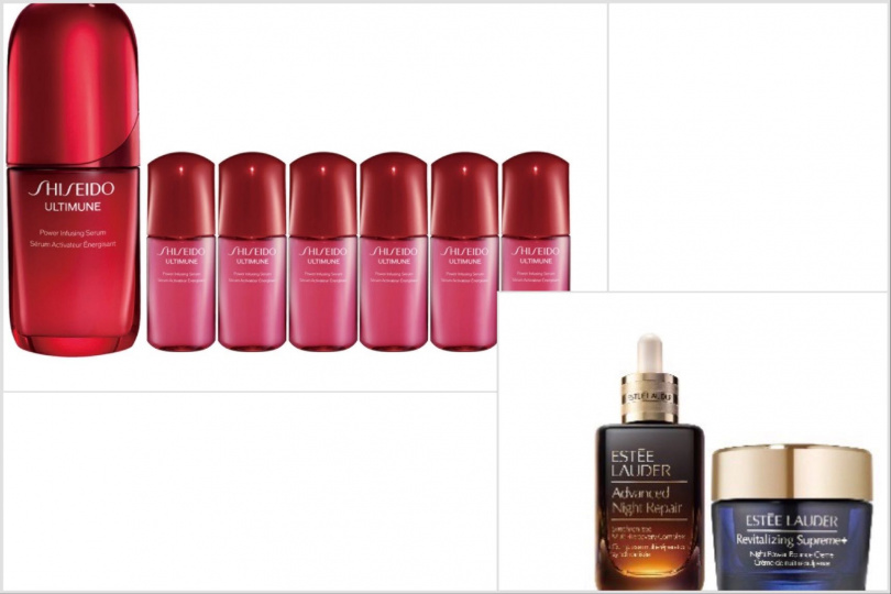 資生堂國際櫃小紅瓶下殺超低，紅妍山茶花修護精華50ml（正貨）+10mlX6價值9,570元 優惠價3,915元。（右下）5/1~5/4棕心好友日，買A送B自由配買A明星產品區，包括小棕瓶50ml，原生露200ml，膠原霜75ml，膠原藍霜75ml都隨你配。等於買一送一（圖／品牌提供）