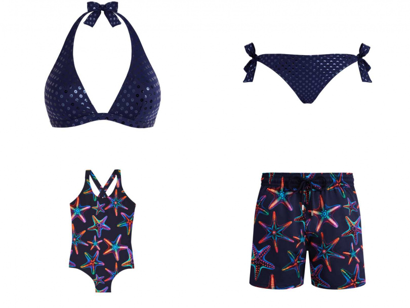 FLECHE 亮片風格綁帶式繞頸比基尼上衣/4,900元,側綁帶比基尼下身/4,400元,GINX女童連身泳衣/5,300元,MOORISE彈性短版泳褲/10,100元(圖/品牌提供)