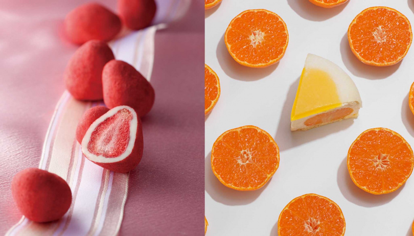 8月下旬開賣的「草莓白巧克力豆」（左，380元）包入一整顆冷凍乾燥草莓，9月中開賣的「雪之光」帶有滿滿柑橘香氣。（1,000元，圖／小樽洋菓子舖LeTAO提供）