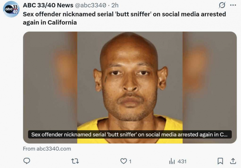 柏本克警方表示，嫌犯自2021年起多次因猥褻行為被捕，目前仍在羈押調查中。（圖／翻攝自X，@abc3340）