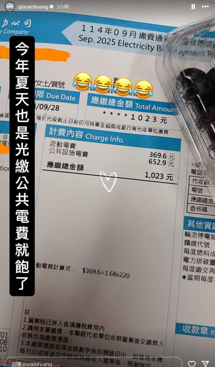 瑤瑤在Instagram限時動態分享電費帳單，看到公共電費高於自家用電，直呼哭笑不得。（圖／擷取自IG，qiaoxinhuang）