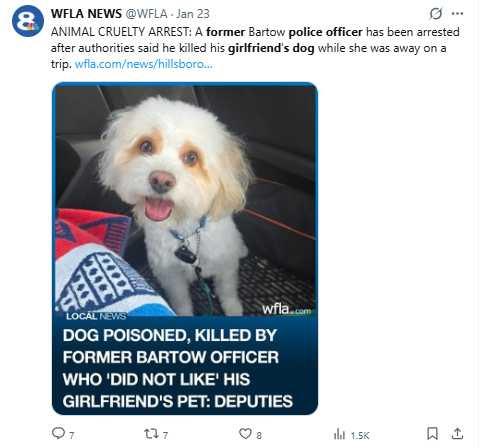 警方指出，犯嫌在米洛食碗中投放毒藥顆粒，導致其內出血死亡。（圖／翻攝自X，@WFLA）