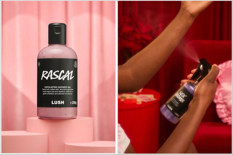 LUSH 莓果遊戲磨砂沐浴露110g / 600元、LUSH 性感花香閃亮噴霧 / 950元。(圖/品牌提供)