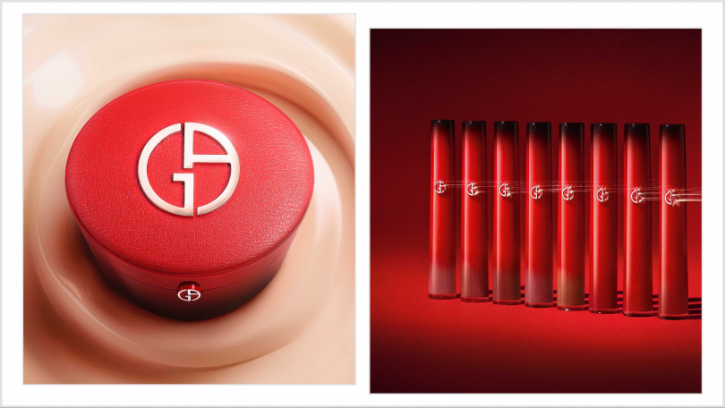 Armani beauty奢華絲絨訂製唇萃 25 周年限定版/1,600元 Armani beauty完美絲絨持久氣墊粉餅 25 周年限定版/3,500元（圖／品牌提供）