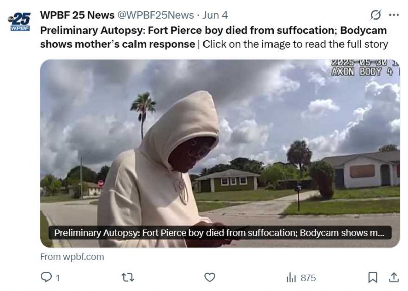 美國佛州一名女子供稱為驅邪悶死親生兒子，初步驗屍結果與供詞一致。（圖／翻攝自X）