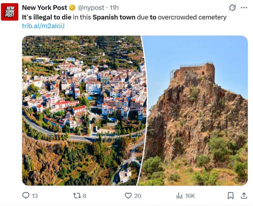 西班牙安達魯西亞格拉納達省的蘭哈龍鎮（Lanjarón），坐落於內華達山脈南麓，以礦泉與溫泉聞名，卻因墓地飽和傳出「禁止死亡」的奇特法令。（圖／取自X）