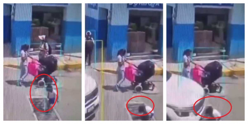 事發前，幼童母親低頭滑手機，孩子脫離大人視線，跑到街道中央，好奇探看排水孔。