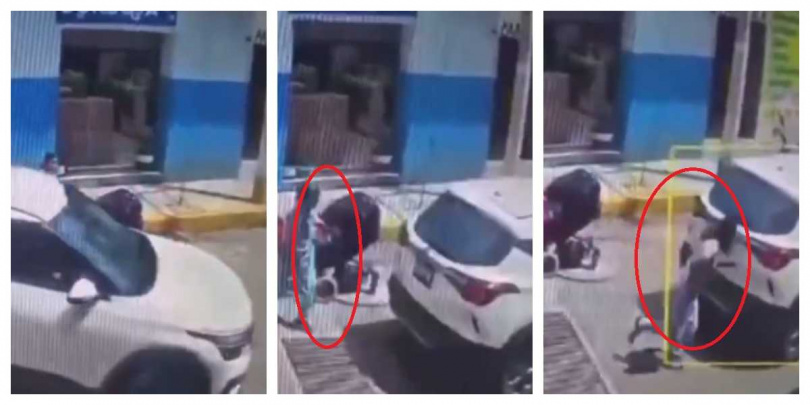 一輛白色休旅車從街角轉入，未發現前方幼童，幼童不幸被車撞倒，母親衝上前試圖阻止，但已來不及。