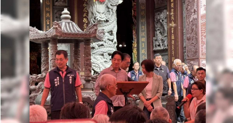 總統賴清德14日到台中北屯區水景福隆宮參香並向支持者做國政報告。(圖/中國時報記者馮惠宜攝)