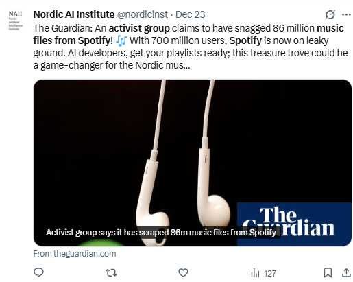 Anna’s Archive宣稱已大規模擷取Spotify音樂資料，並計畫建立「音樂保存庫」，引發著作權爭議。（圖／翻攝自X，@nordicinst）