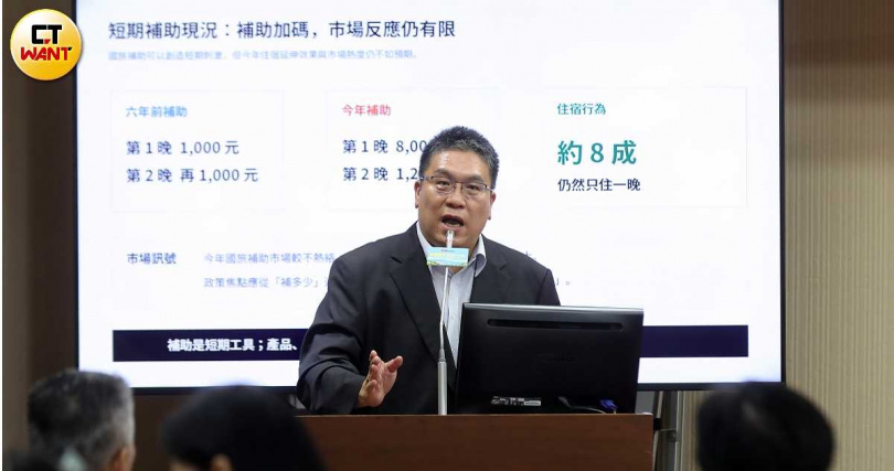 DoMo集團董事長、台北城市科大助理教授李奇嶽表示，今年國旅補助效益與市場熱度不如預期，儘管第2晚有加碼，但8成民眾仍只住一晚。（圖／周志龍攝）