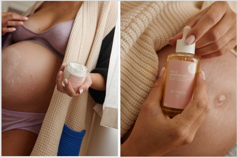 （右）Minois媽媽撫紋油100ml/1,500元；（左）Minois媽媽撫紋霜 100ml/1,500元（圖/品牌提供）