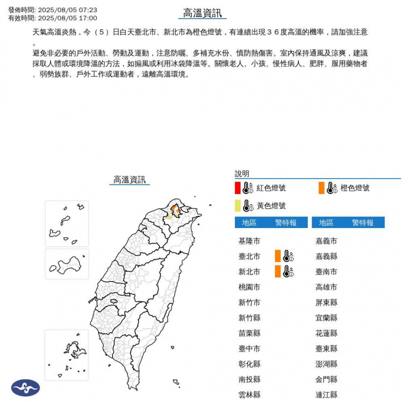 高溫警示。（圖／中央氣象署）