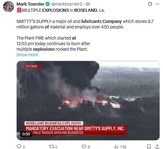 Smitty’s Supply工廠內設有大型儲槽，容量可達約3,290萬公升，這次爆炸造成廠區嚴重毀損。（圖／翻攝自X，@marktournier2）