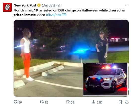 萬聖節期間,嫌犯扮成囚犯參加派對,未料因涉嫌酒駕被捕,成為角色扮演的現實翻版。(圖/翻攝自,@nypost)