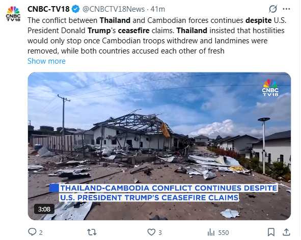 柬埔寨總理洪馬內宣布接受停火提議,雙方自13日晚間起停火。(圖/翻攝自X,@CNBCTV18News)