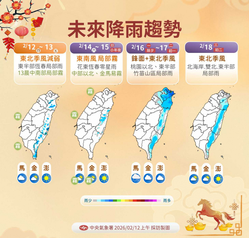 春節期間恐有2波冷空氣接力，年節後期仍待觀察。（圖／氣象署提供）