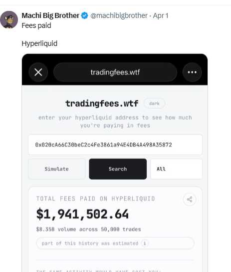黃立成曬出Hyperliquid後台截圖，手續費逼近200萬美元。（圖／翻攝自X，@machibigbrother）
