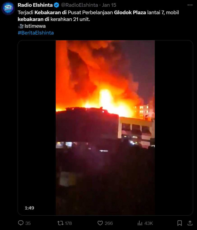 印尼購物商場日前發生大火，造成6人死亡8人失蹤，有女子在網路發文，老公是罹難者，當時與小三就在商場內。（圖／翻攝自X ）